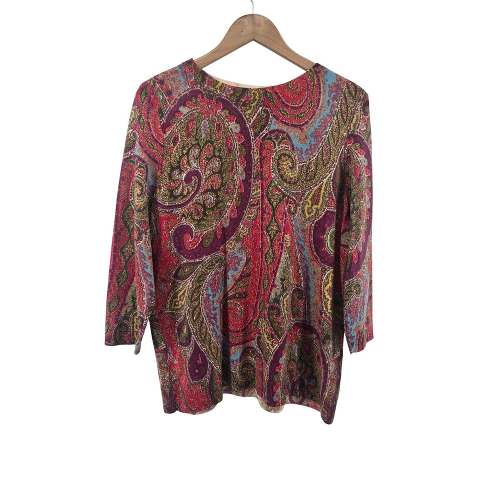 Talbots Sweater Women 1X Multicolor Paisley Pure Merino Wool 3/4 Sleeve Pullover